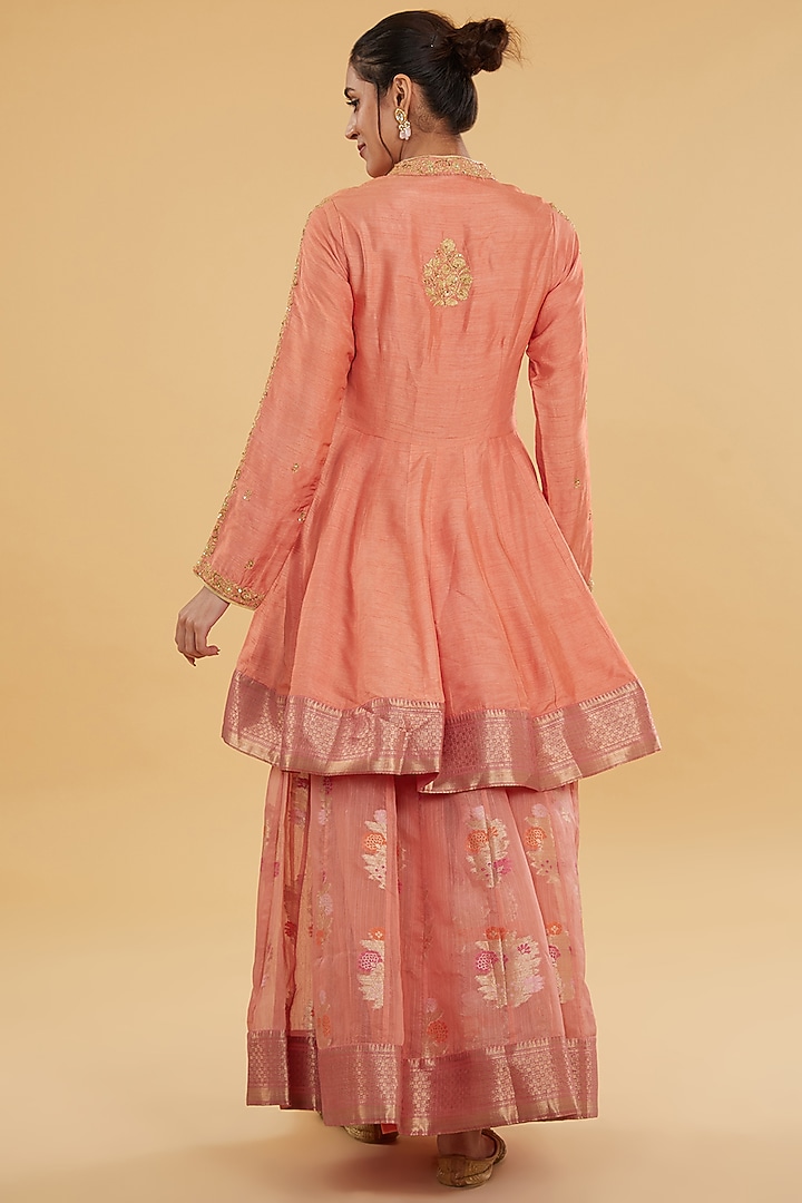 Peach Orange Cotton Banarasi Party Wear Anarkali Set by Aharin India at Pernia's Pop Up Shop