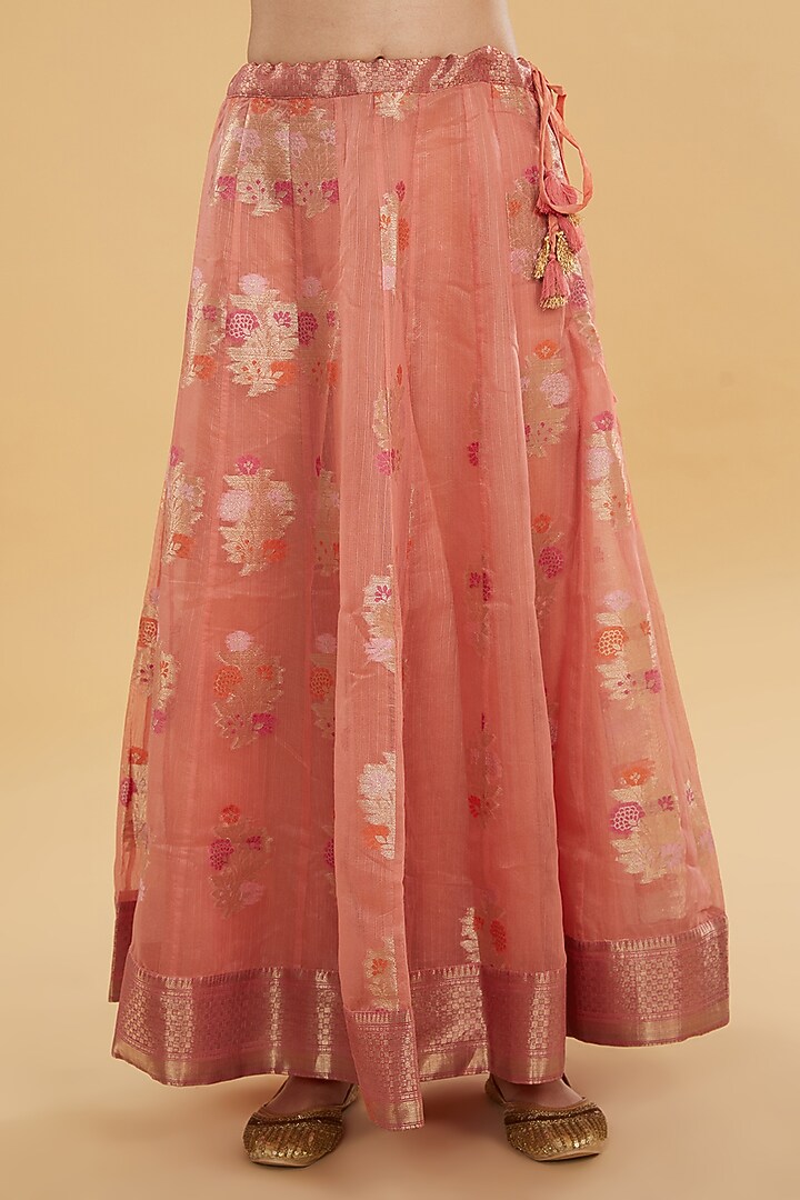 Peach Orange Cotton Banarasi Party Wear Anarkali Set by Aharin India at Pernia's Pop Up Shop
