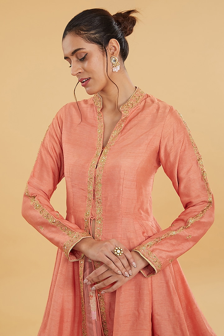 Peach Orange Cotton Banarasi Party Wear Anarkali Set by Aharin India at Pernia's Pop Up Shop