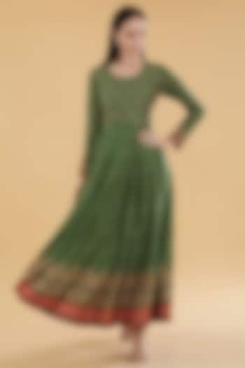 Mehendi Green Cotton Silk Floral Printed Maxi Dress by Aharin India