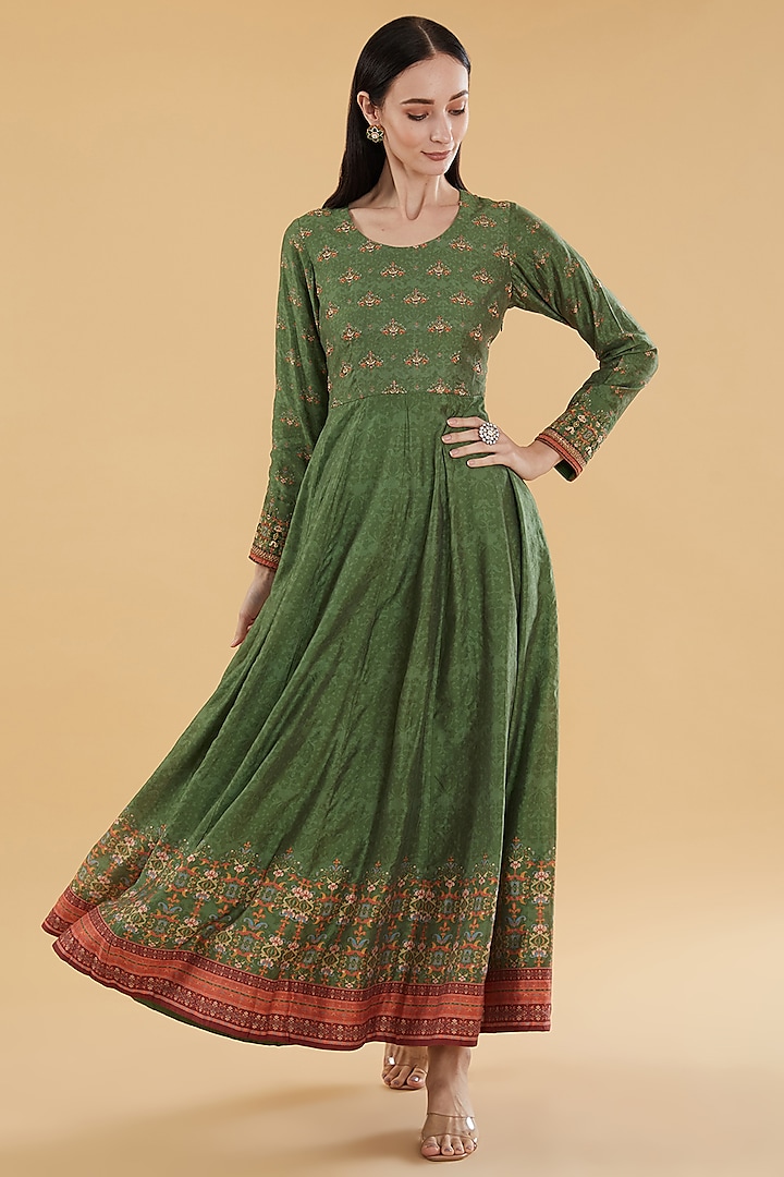 Mehendi Green Cotton Silk Floral Printed Maxi Dress by Aharin India