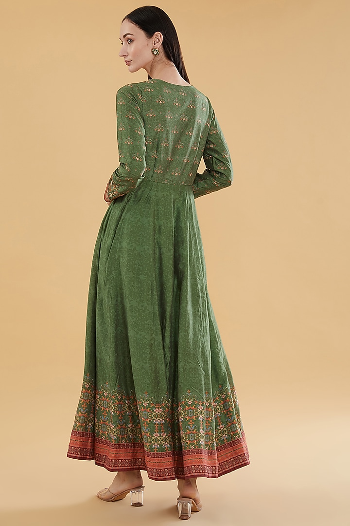 Mehendi Green Cotton Silk Floral Printed Maxi Summer Dress by Aharin India at Pernia's Pop Up Shop