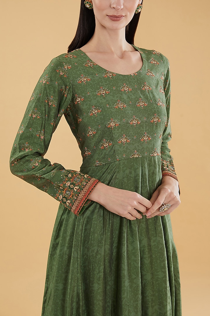 Mehendi Green Cotton Silk Floral Printed Maxi Summer Dress by Aharin India at Pernia's Pop Up Shop