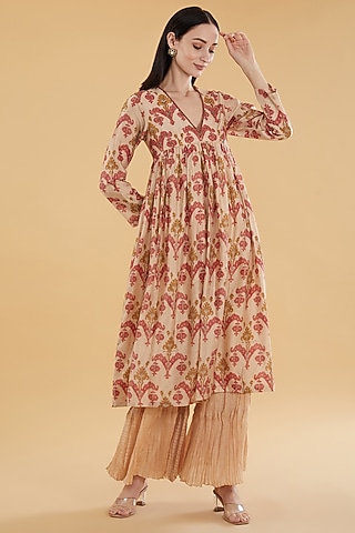 Beige Cotton Silk Floral Printed Flared Kurta Set by Aharin India