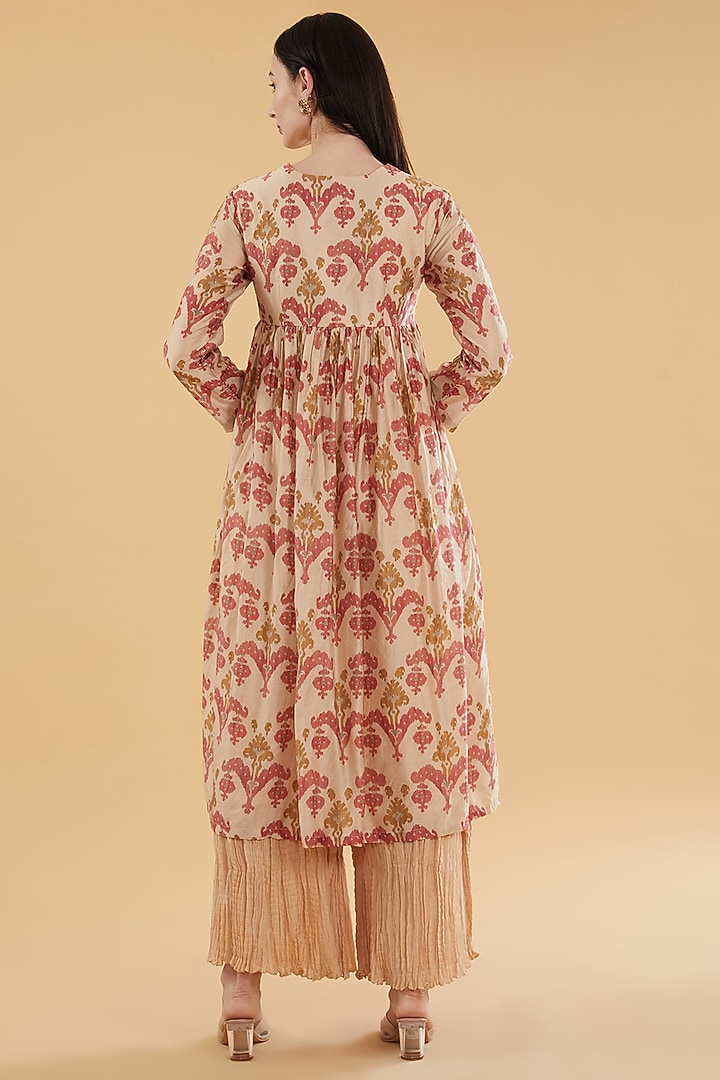 Beige Cotton Silk Floral Printed Flared Kurta Set by Aharin India at Pernia's Pop Up Shop