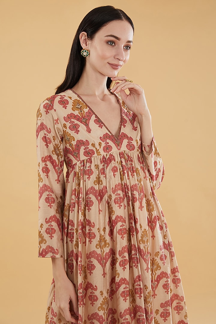 Beige Cotton Silk Floral Printed Flared Kurta Set by Aharin India at Pernia's Pop Up Shop