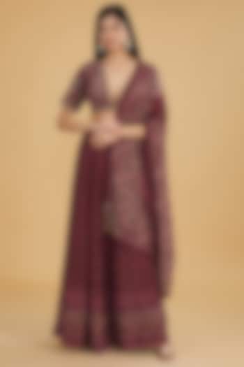 Maroon Cotton Silk Floral Printed Wedding Lehenga Set by Aharin India at Pernia's Pop Up Shop