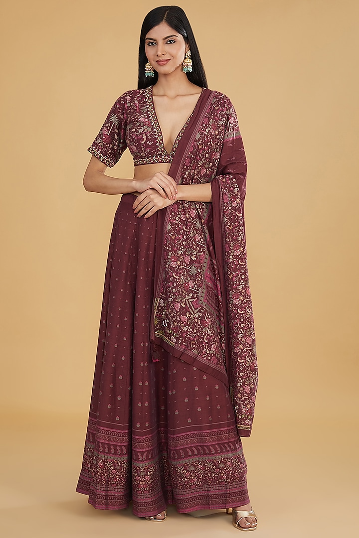 Maroon Cotton Silk Floral Printed Wedding Lehenga Set by Aharin India at Pernia's Pop Up Shop