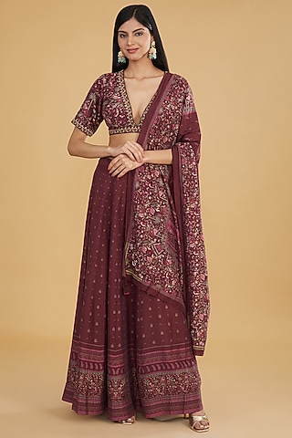 Maroon Cotton Silk Floral Printed Lehenga Set by Aharin India