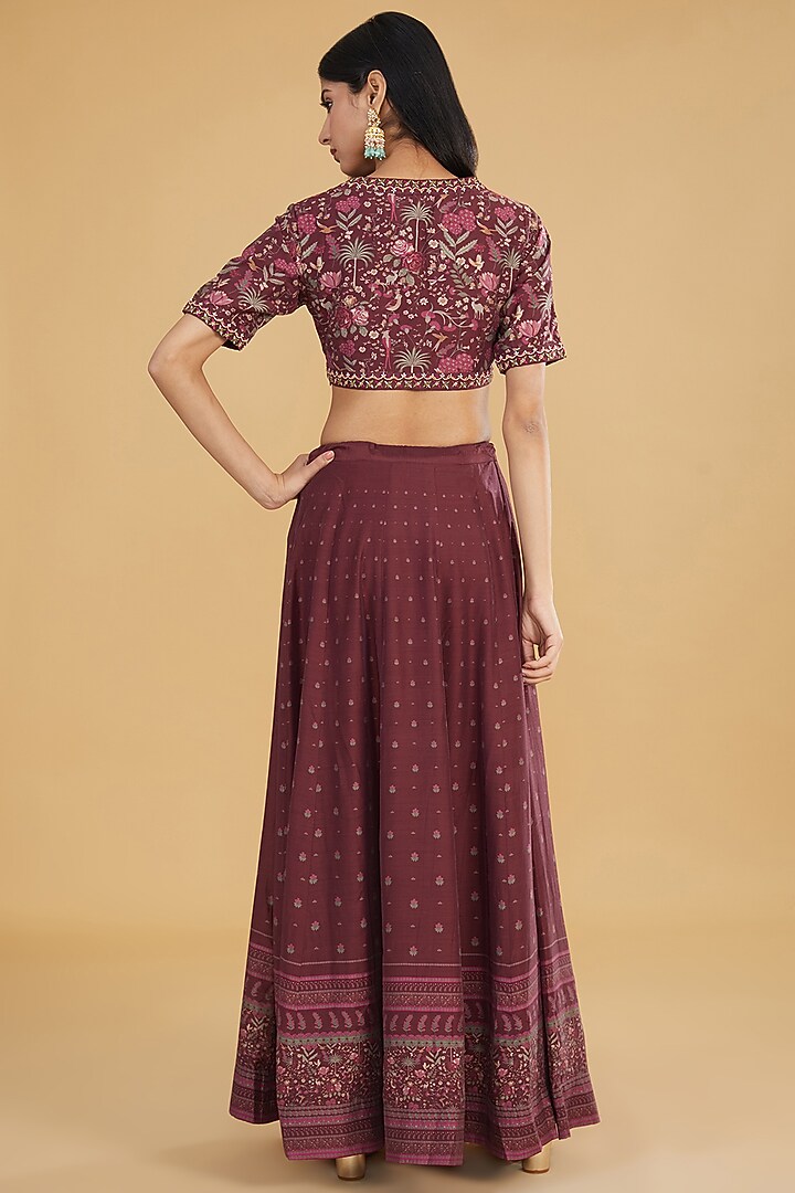 Maroon Cotton Silk Floral Printed Wedding Lehenga Set by Aharin India at Pernia's Pop Up Shop