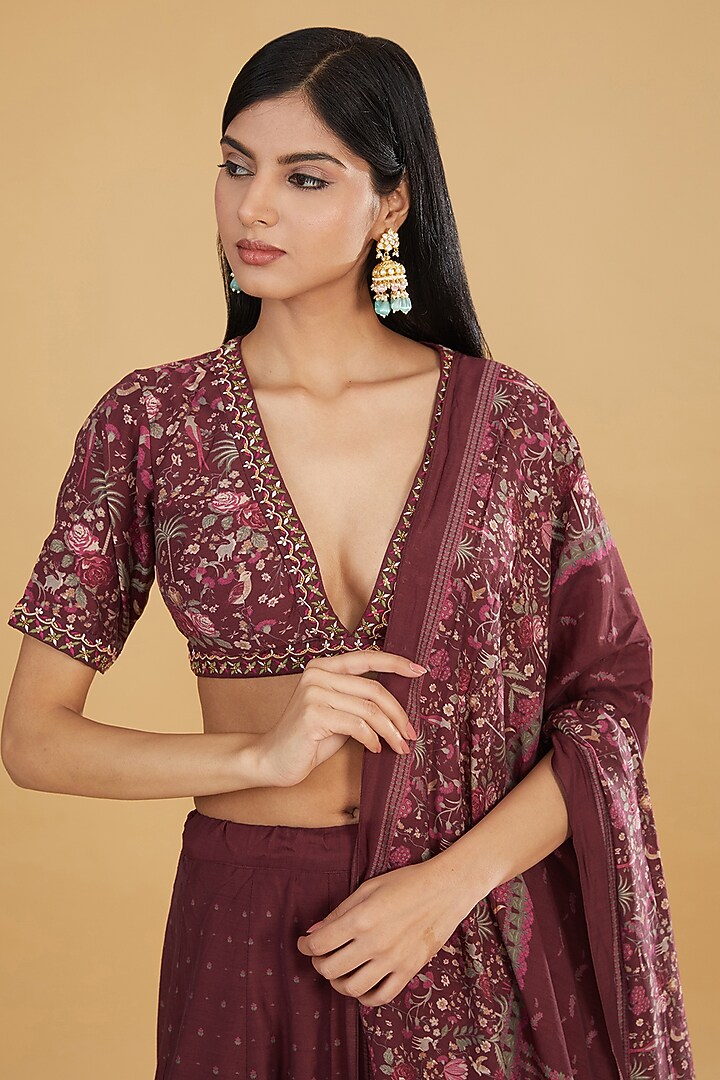 Maroon Cotton Silk Floral Printed Wedding Lehenga Set by Aharin India at Pernia's Pop Up Shop