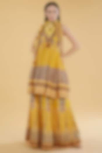 Yellow Cotton Silk Floral Printed Skirt Set by Aharin India at Pernia's Pop Up Shop