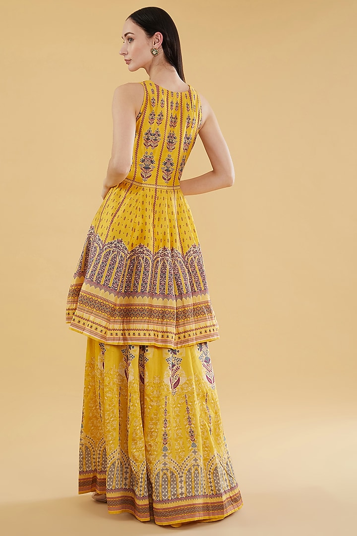 Yellow Cotton Silk Floral Printed Skirt Set by Aharin India at Pernia's Pop Up Shop