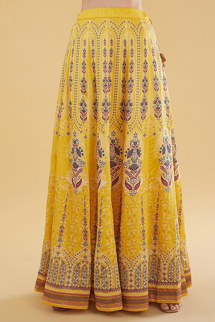 Yellow Cotton Silk Floral Printed Skirt Set by Aharin India at Pernia's Pop Up Shop