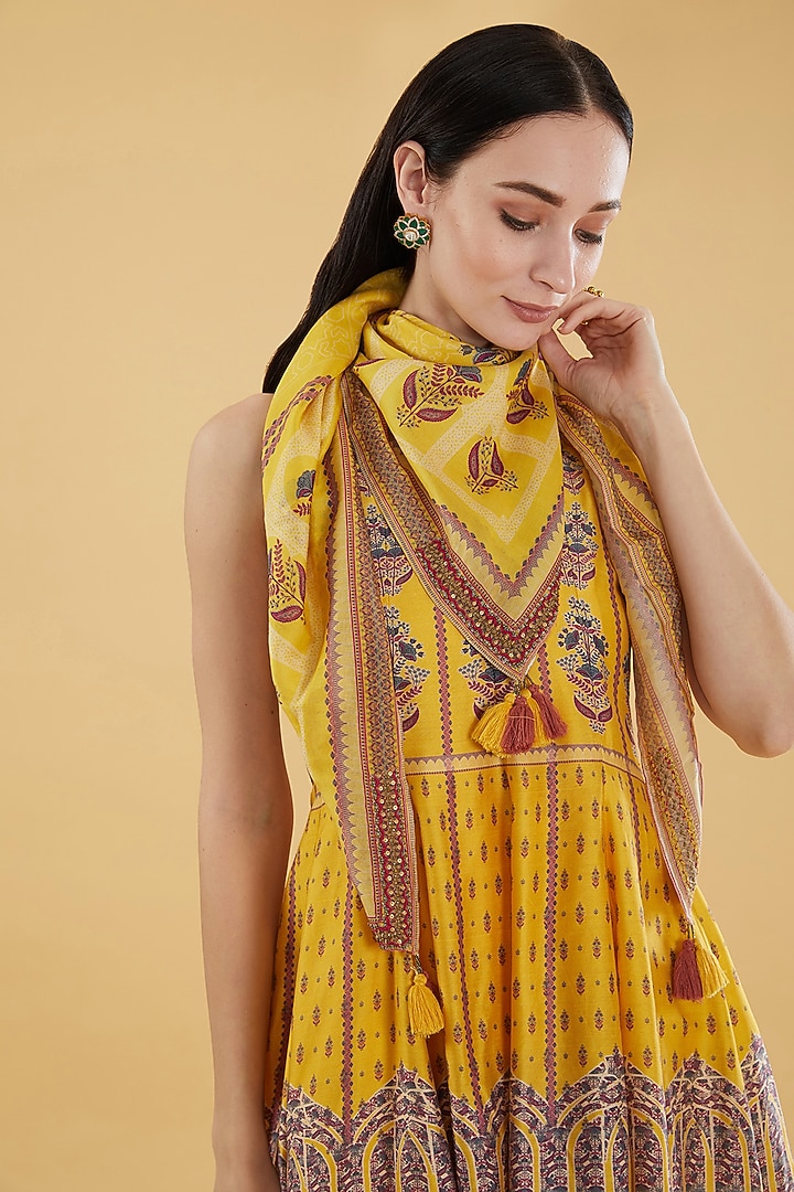 Yellow Cotton Silk Floral Printed Skirt Set by Aharin India at Pernia's Pop Up Shop