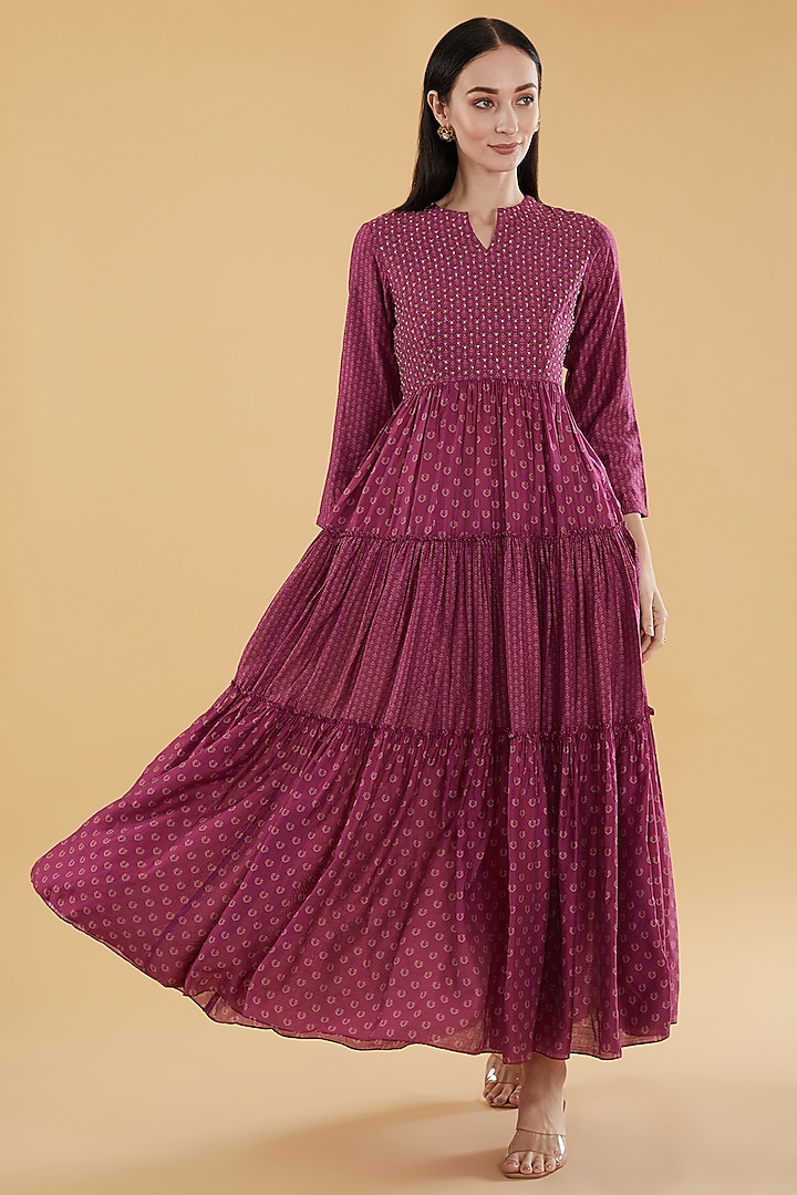 Maroon Cotton Silk Floral Printed Maxi Dress by Aharin India