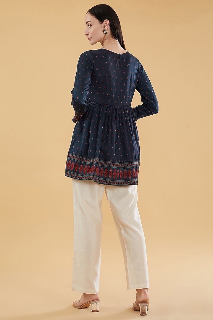 Blue Cotton Silk Floral Printed Flared Top by Aharin India at Pernia's Pop Up Shop