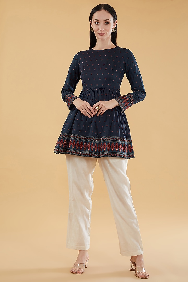 Blue Cotton Silk Floral Printed Flared Top by Aharin India at Pernia's Pop Up Shop