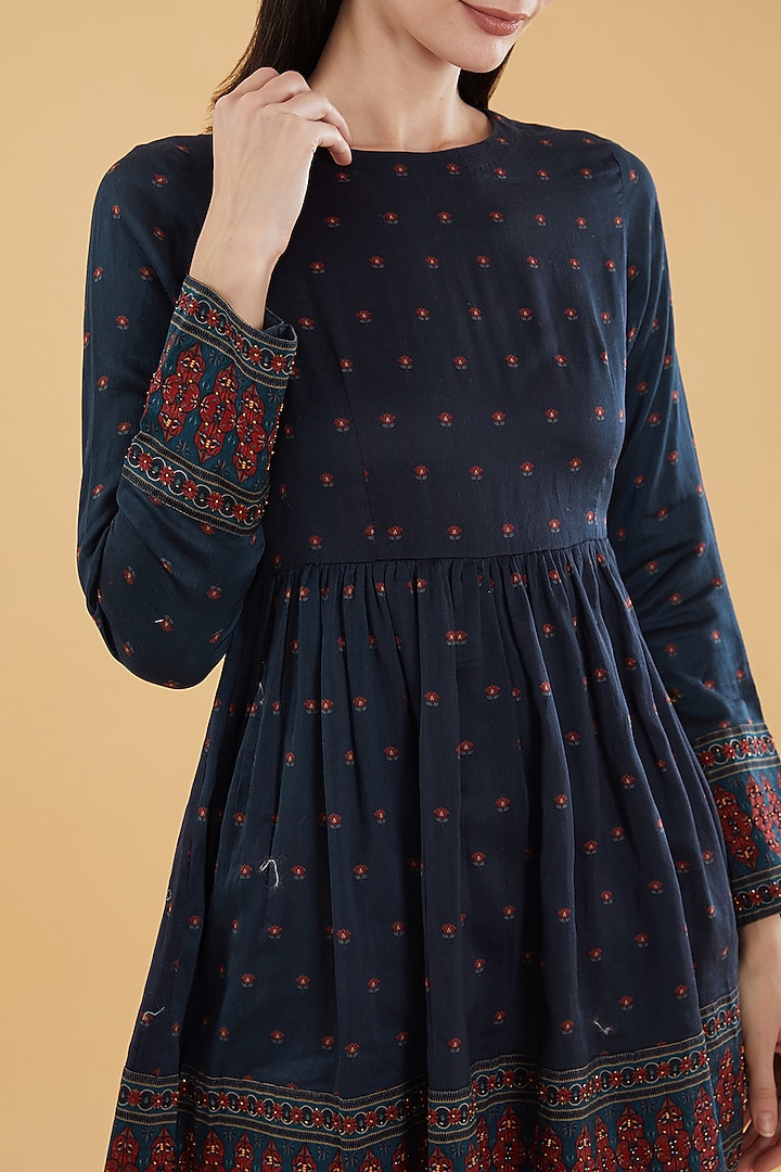 Blue Cotton Silk Floral Printed Flared Top by Aharin India at Pernia's Pop Up Shop