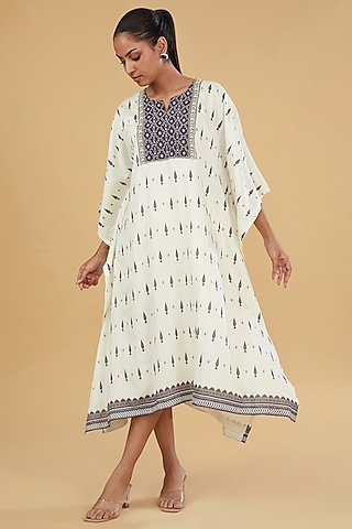 Black & White Cotton Silk Printed Kaftan by Aharin India