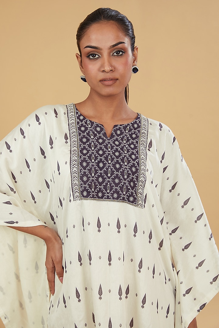 Black & White Cotton Silk Printed Kaftan by Aharin India at Pernia's Pop Up Shop