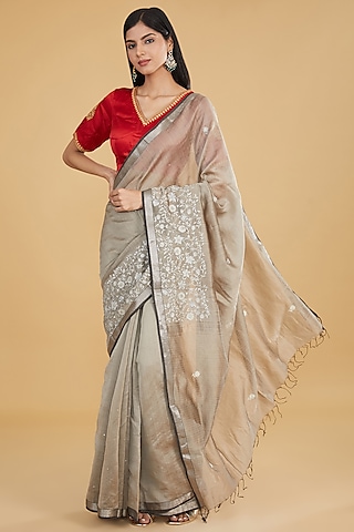 Grey Cotton Silk Floral Embroidered Saree Set by Aharin India