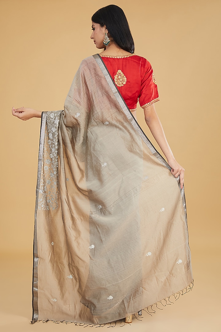 Grey Cotton Silk Floral Embroidered Party Wear Saree Set by Aharin India at Pernia's Pop Up Shop