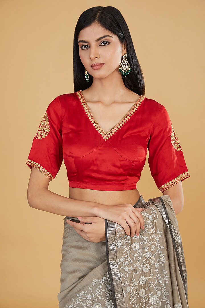 Grey Cotton Silk Floral Embroidered Party Wear Saree Set by Aharin India at Pernia's Pop Up Shop