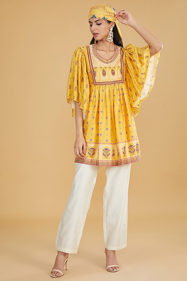 Yellow Cotton Silk Floral Printed Top by Aharin India at Pernia's Pop Up Shop