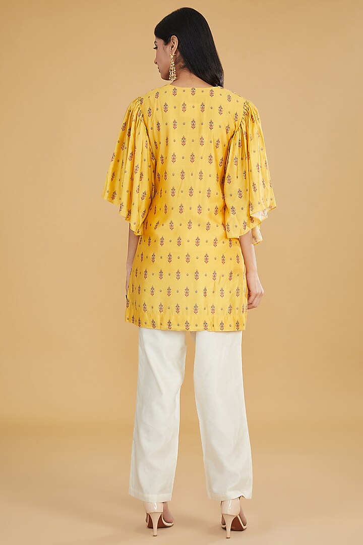 Yellow Cotton Silk Floral Printed Top by Aharin India at Pernia's Pop Up Shop
