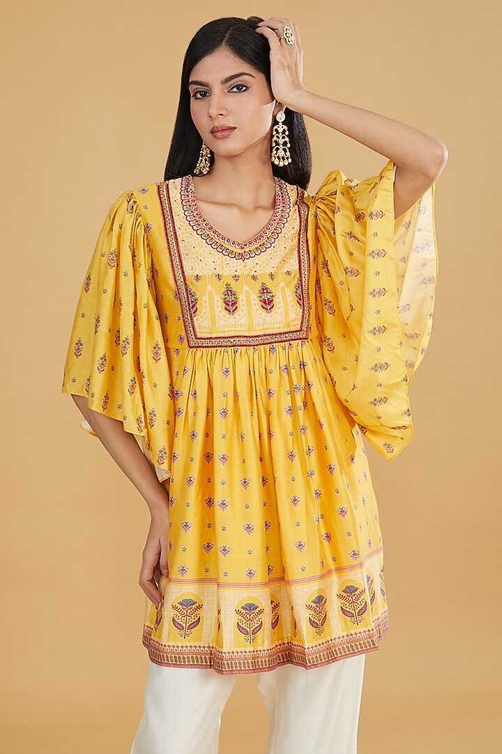 Yellow Cotton Silk Floral Printed Top by Aharin India at Pernia's Pop Up Shop