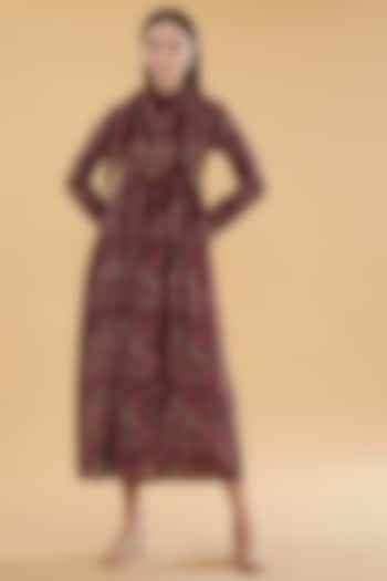 Maroon Cotton Silk Floral Printed Midi Dress With Scarf by Aharin India