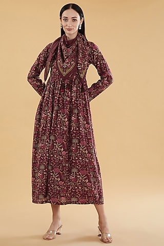 Maroon Cotton Silk Floral Printed Midi Dress With Scarf by Aharin India