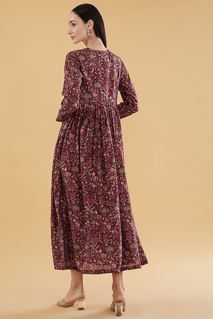 Maroon Cotton Silk Floral Printed Midi Summer Dress With Scarf by Aharin India at Pernia's Pop Up Shop