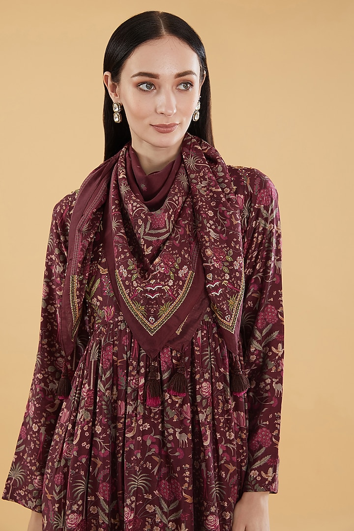 Maroon Cotton Silk Floral Printed Midi Summer Dress With Scarf by Aharin India at Pernia's Pop Up Shop