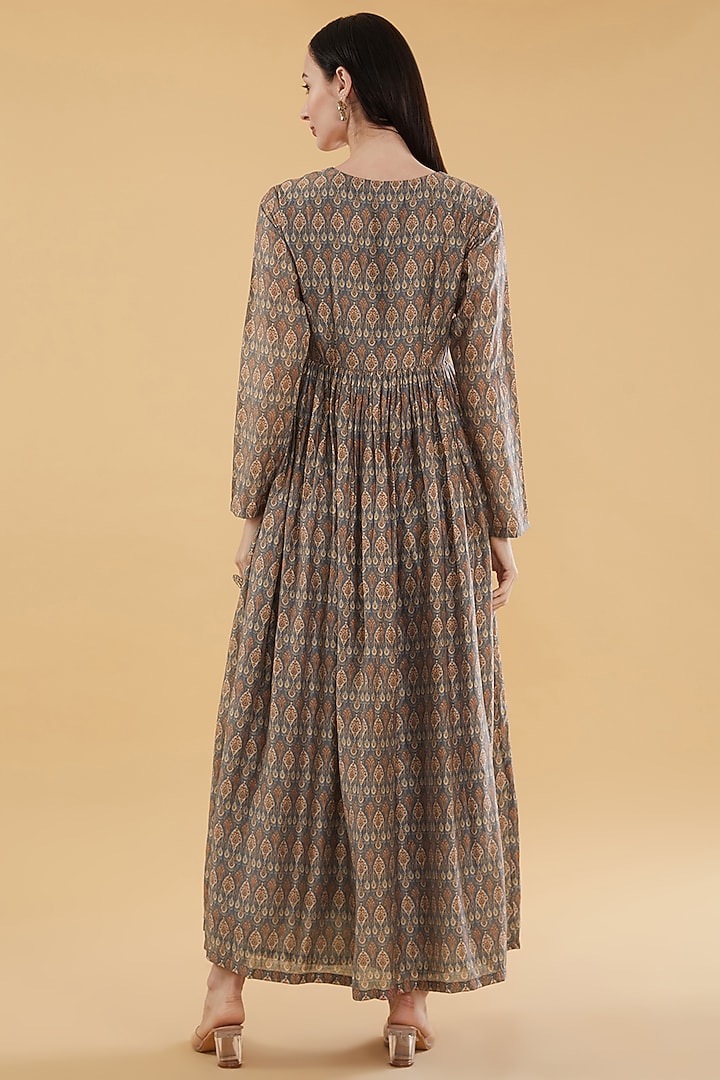 Teal Blue Cotton Silk Floral Printed Maxi Summer Dress by Aharin India at Pernia's Pop Up Shop