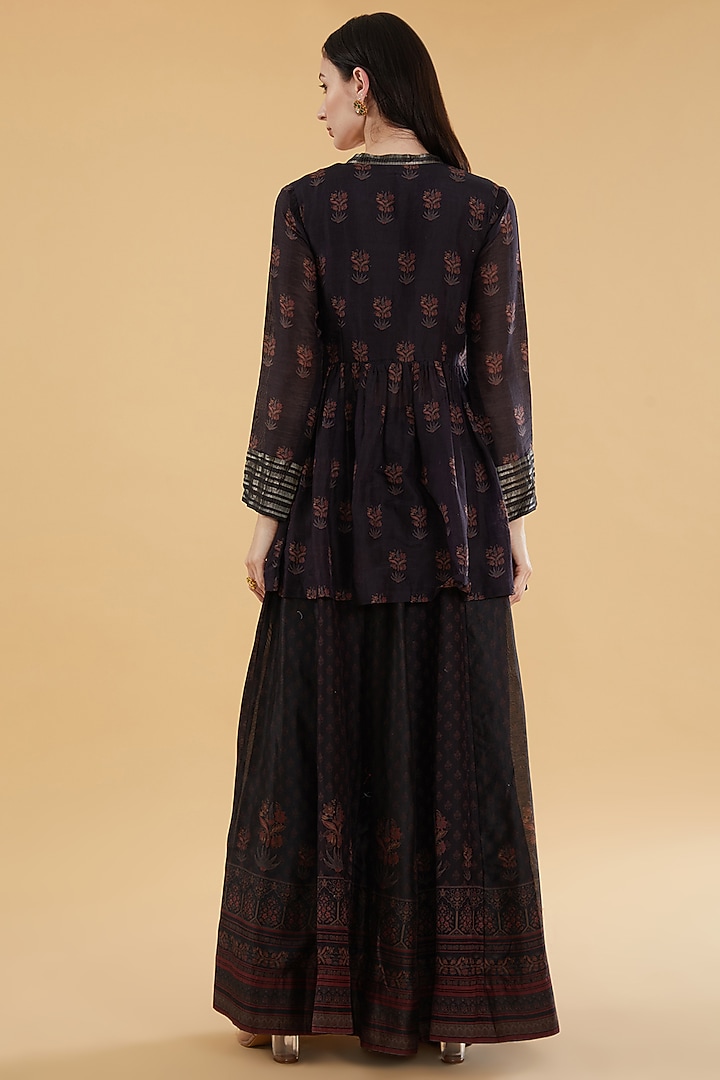 Black Cotton Silk Floral Printed Skirt Set by Aharin India at Pernia's Pop Up Shop