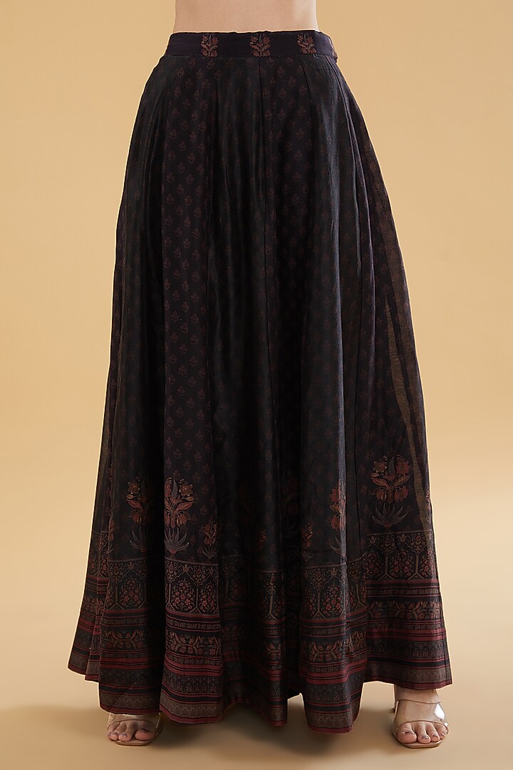 Black Cotton Silk Floral Printed Skirt Set by Aharin India at Pernia's Pop Up Shop