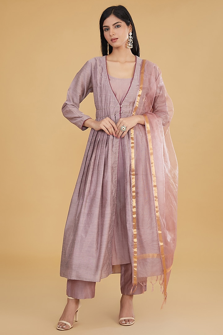 Mauve Cotton Silk Layered Kurta Set by Aharin India
