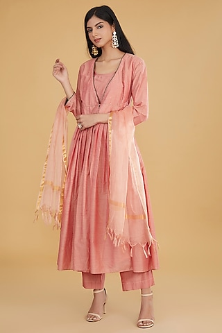 Peach Cotton Silk Layered Kurta Set by Aharin India