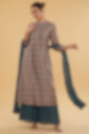 Teal Blue Cotton Silk Floral Printed Kurta Set by Aharin India at Pernia's Pop Up Shop