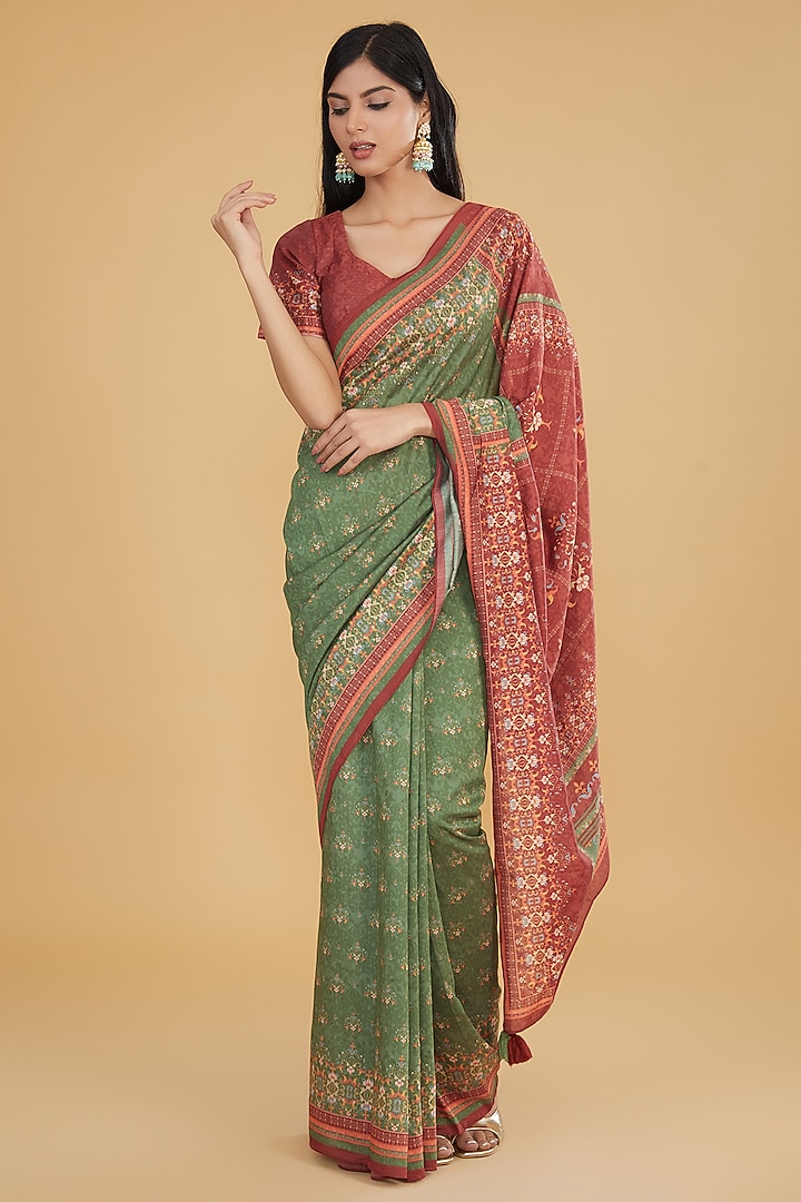 Green Cotton Silk Floral Printed Party Wear Saree Set by Aharin India at Pernia's Pop Up Shop