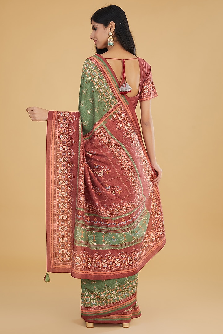 Green Cotton Silk Floral Printed Party Wear Saree Set by Aharin India at Pernia's Pop Up Shop