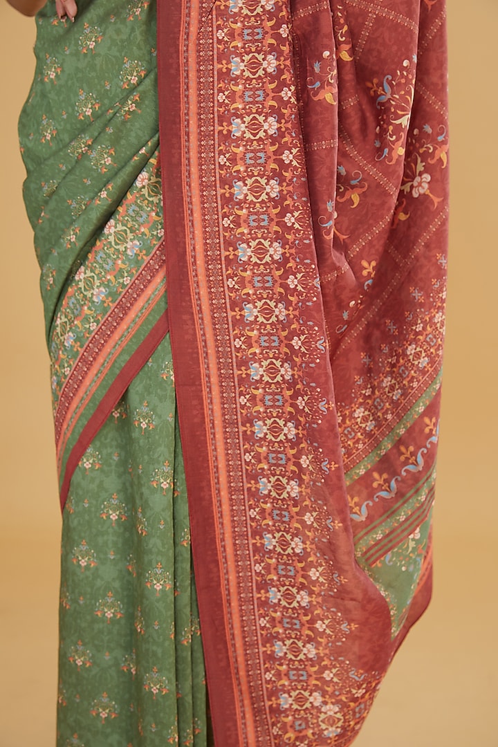 Green Cotton Silk Floral Printed Party Wear Saree Set by Aharin India at Pernia's Pop Up Shop