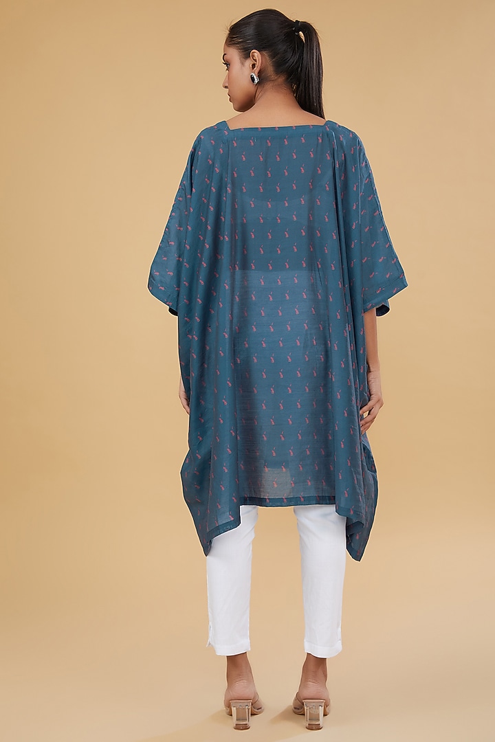 Blue Cotton Silk Floral Motif Printed Kaftan Kurta by Aharin India at Pernia's Pop Up Shop