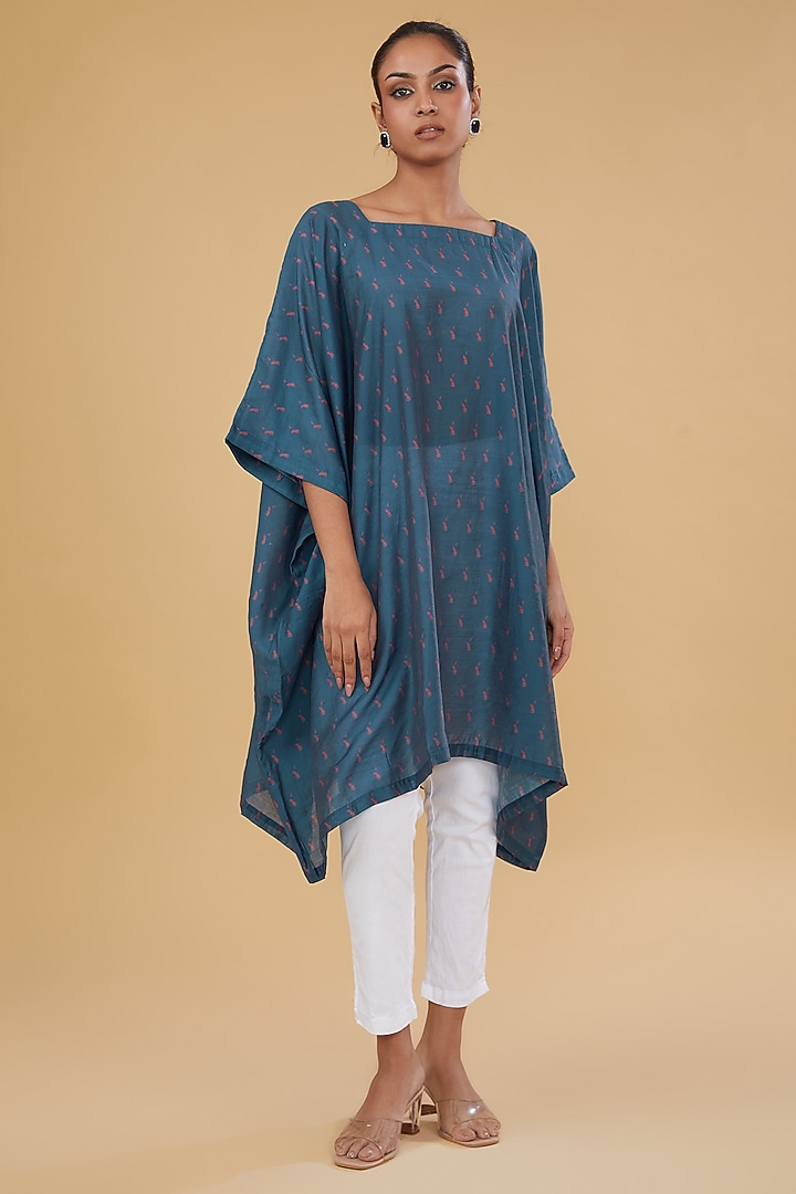 Blue Cotton Silk Floral Motif Printed Kaftan Kurta by Aharin India at Pernia's Pop Up Shop