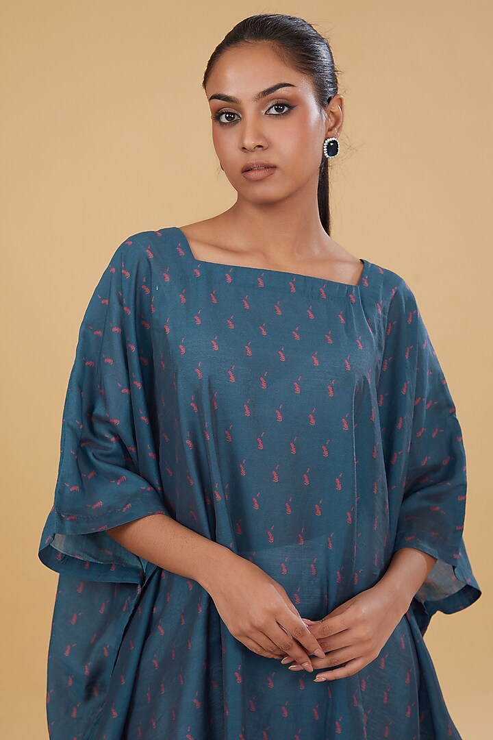 Blue Cotton Silk Floral Motif Printed Kaftan Kurta by Aharin India at Pernia's Pop Up Shop
