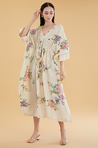 Ivory Cotton Silk Floral Hand-Painted Kaftan by Aharin India