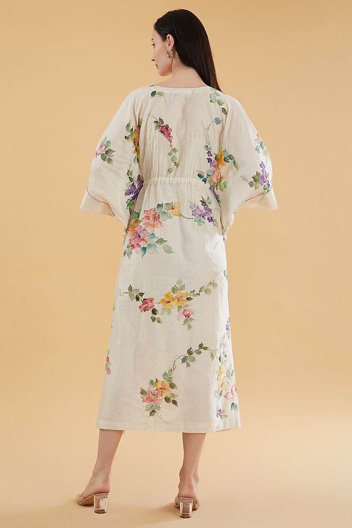 Ivory Cotton Silk Floral Hand-Painted Kaftan by Aharin India at Pernia's Pop Up Shop