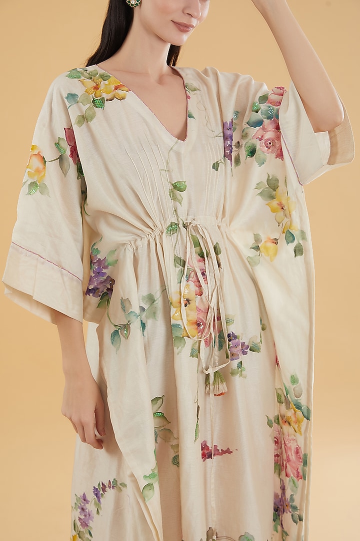 Ivory Cotton Silk Floral Hand-Painted Kaftan by Aharin India at Pernia's Pop Up Shop